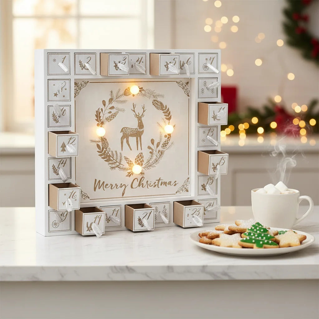 Luxury Handmade Laser Engraved LED Lighting Eco-Friendly Christmas Wooden Advent Calendar 24 Drawers Reindeer Pine Pattern