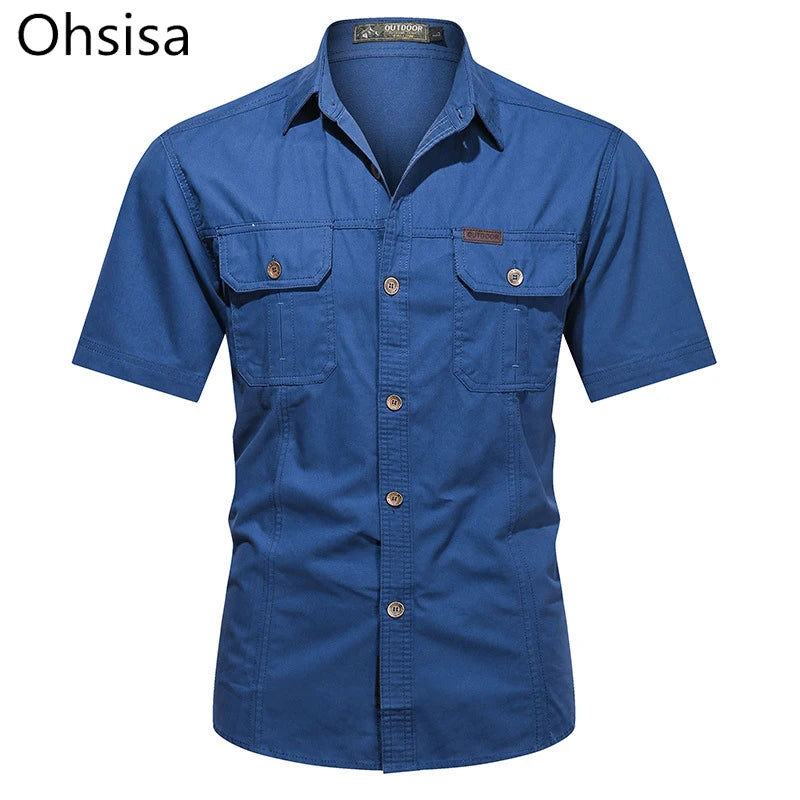 2024 Spring Summer New Fashion Men's Short Sleeved Cotton Work Shirts Breathable Anti-shrink Plain Dyed Pure Color Loose Fitting