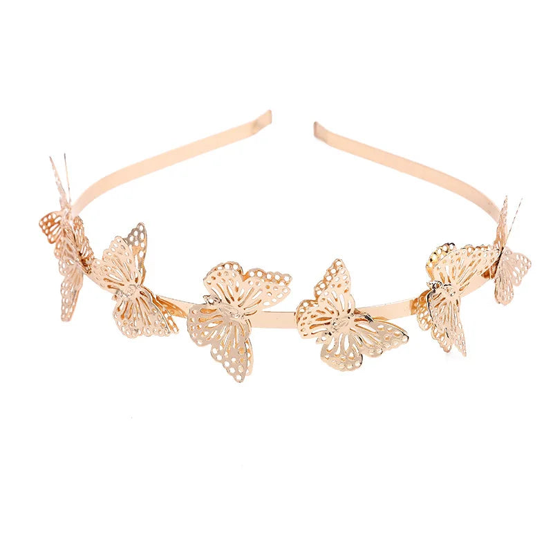Golden Double 3D Butterfly Metal Hair Headbands for Bridal Filigree Metallic Hairbands for Kids Party Hair Accessories