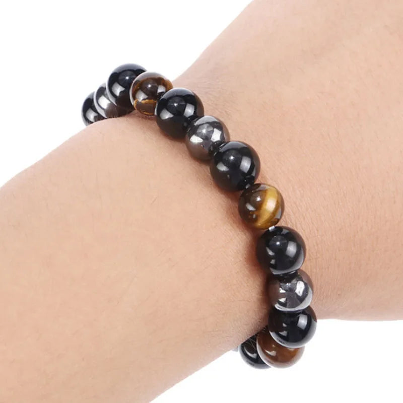 Unisex Tiger Eye Bracelet with Geometric Pattern Fashion Hematite and Obsidian Magnetic Jewelry for Health Protection