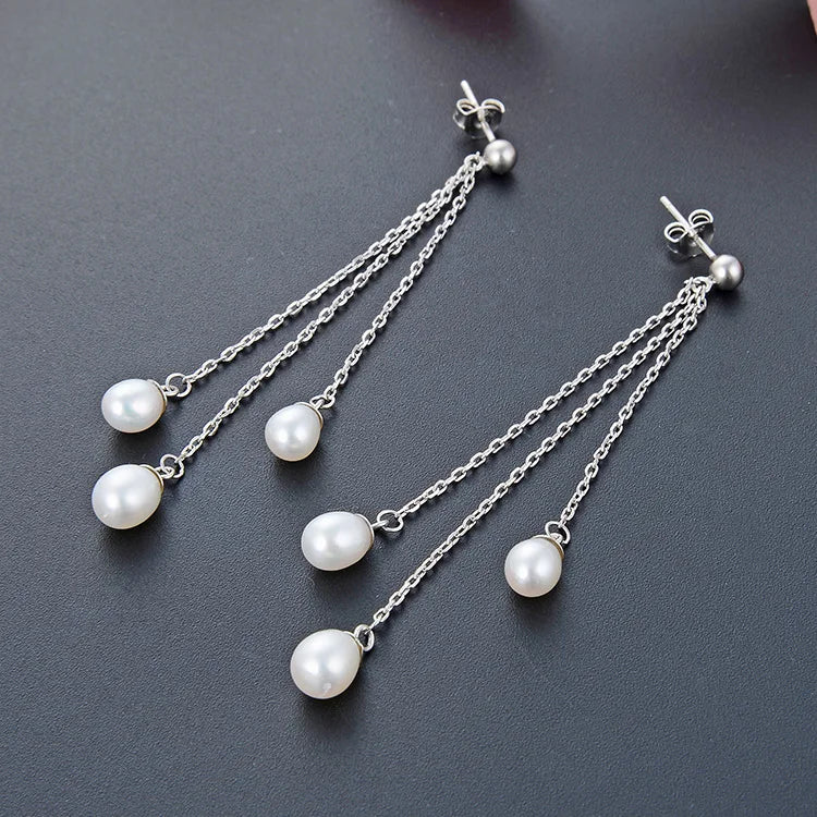 925 Sterling Silver Tassel Earrings | Natural Freshwater Pearls on Dangling Strands | Hypoallergenic Pearl Studs for Women