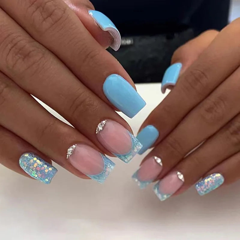 Private Label Medium Reusable Korean Fake Nails Artificial High Quality Powder Diamond Press on Nails