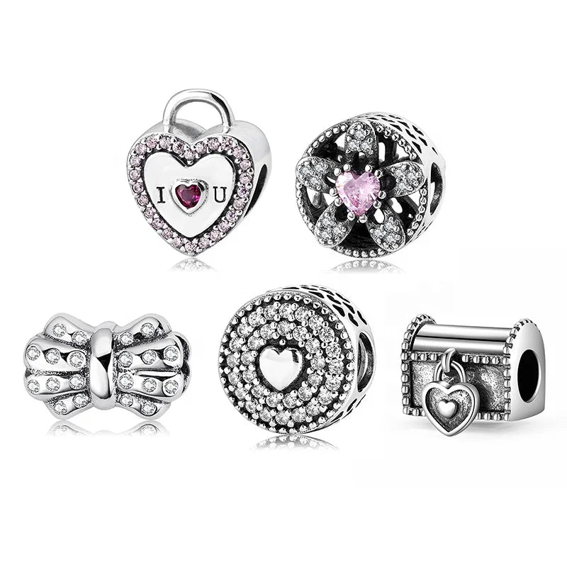 Real 925 Sterling Silver Beautiful CZ Heart Pink Bow Gift Box Charms Bracelet Jewelry Making Valentine's Day Gift Dropshipping