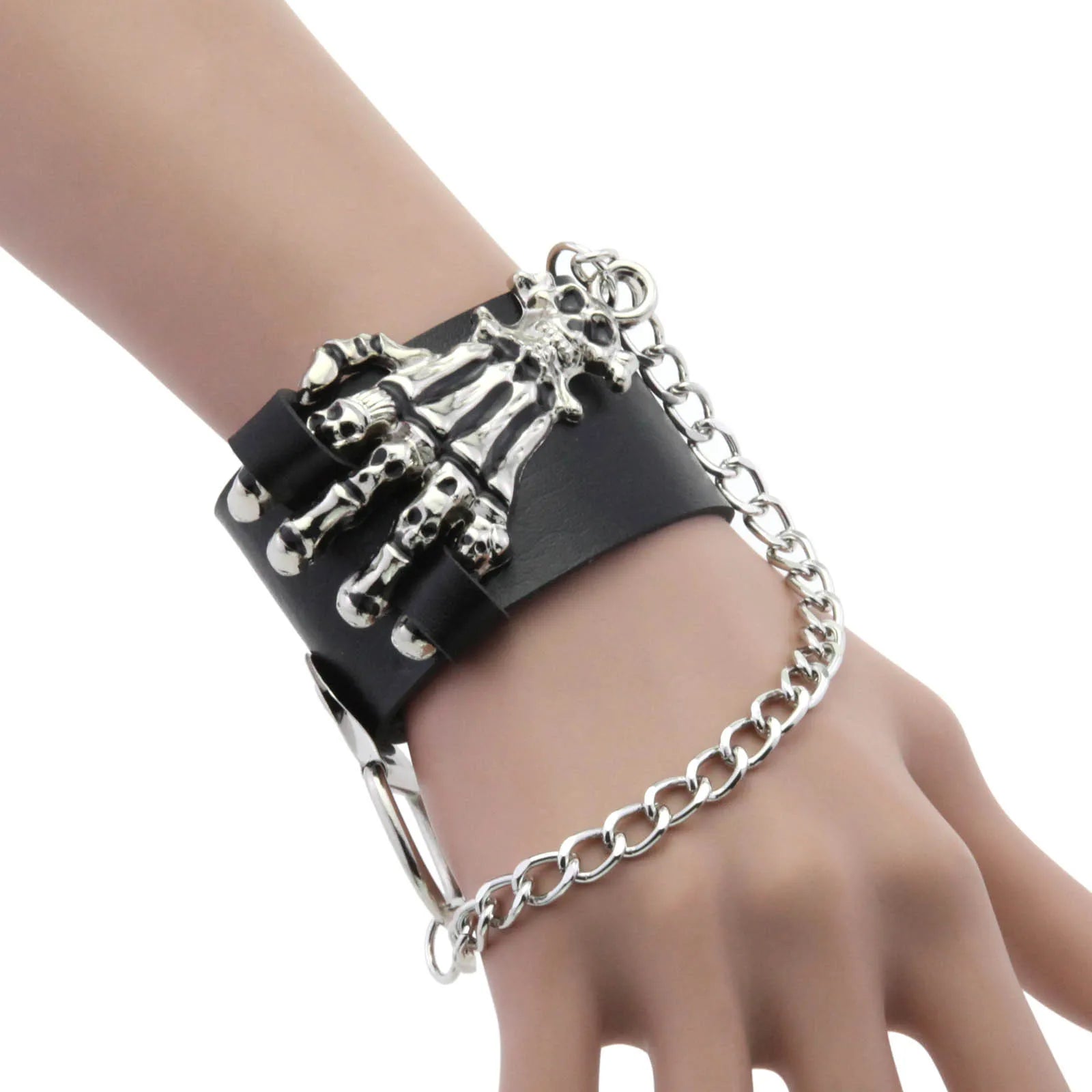 Women and Men's Unique Punk Charm Adjustable Leather Bracelet with Skeleton Chain Wholesale Fashionable Bangles