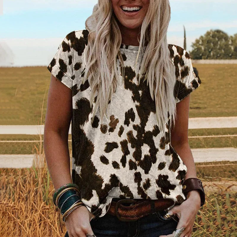 Vintage Western Cow Horse Yellowstone Printed Breathable Summer Polyester O Neck Short Sleeve T Shirts for Women Cowgirl