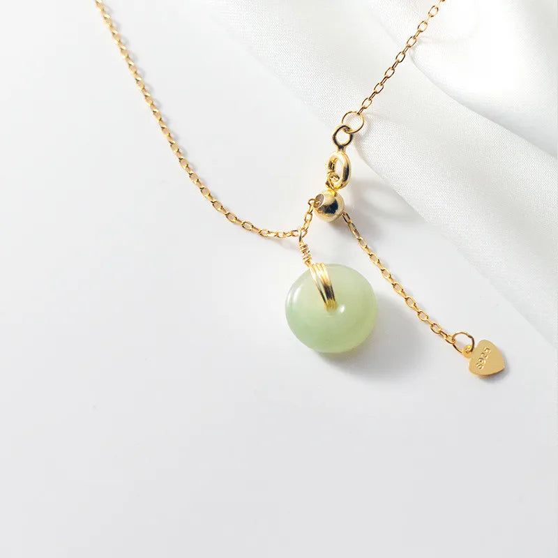 Real Natural Hetian Jade Stone Pendant Necklace 925 Sterling Silver Donut Shape Jewelry