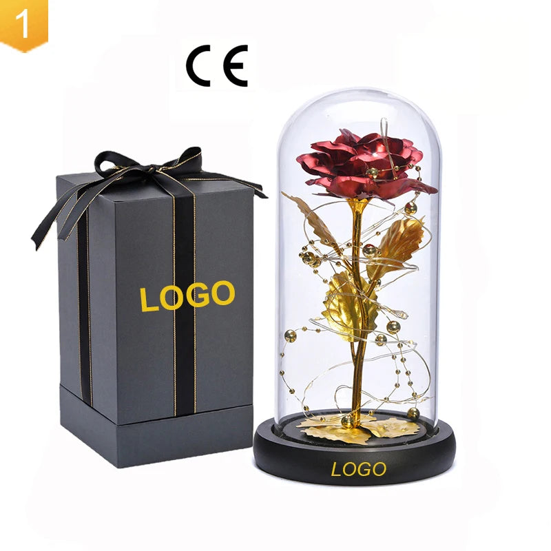 Preserved Artificial Flower Galaxy Red Blue Light up 24K Gold Led Rose Lamp Rose in Glass Dome for Valentines Mother's Gift