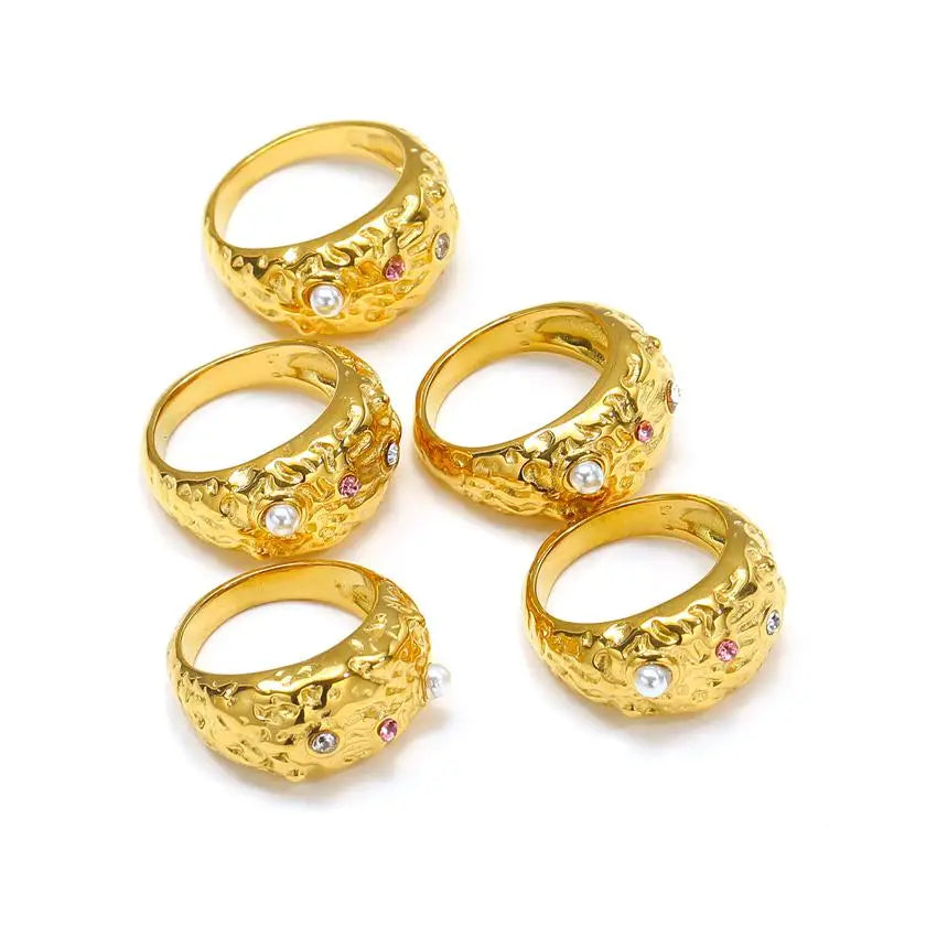 Elegant 18K Gold & Rose Gold Plated Pearl Stone Ring for Women Chunky Texture Surface Stainless Steel Waterproof Jewelry
