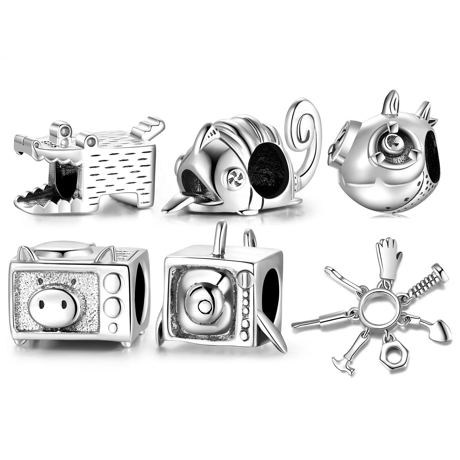 Real 925 Sterling Silver Mechanical Design Series Cute Pig Pattern Oven Charms DIY Bead for Women Bracelet Fine Jewelry