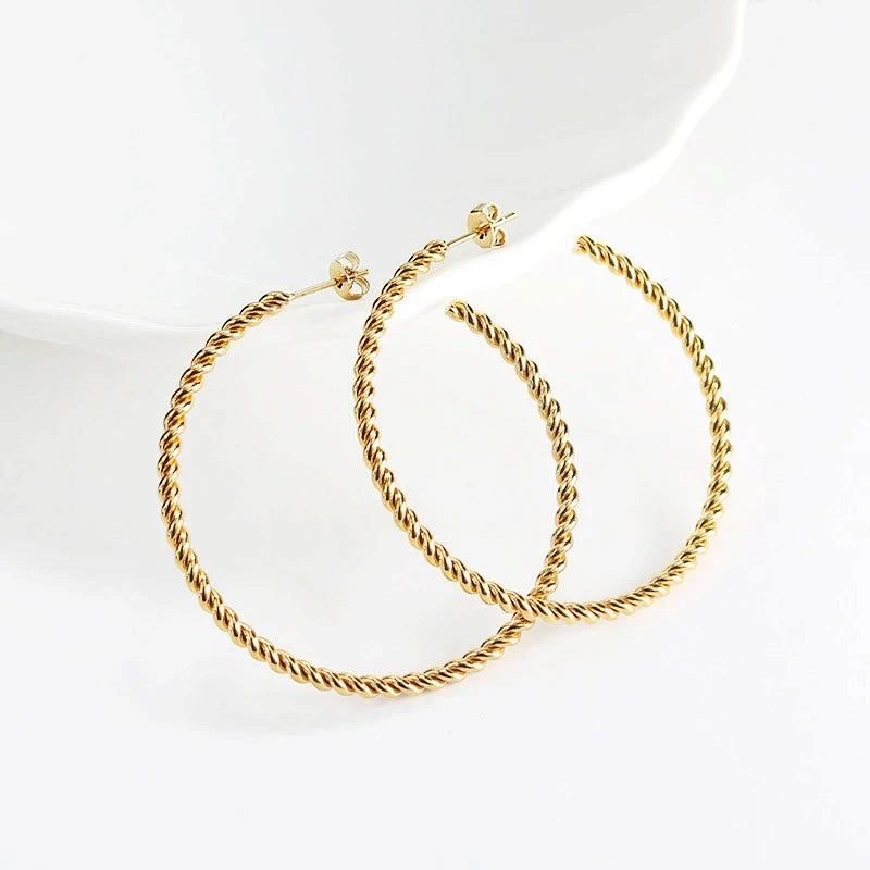 Wholesale Fashion 50mm Large 18K Gold Plated Stainless Steel Twisted Rope Hoop Earrings Jewelry for Women