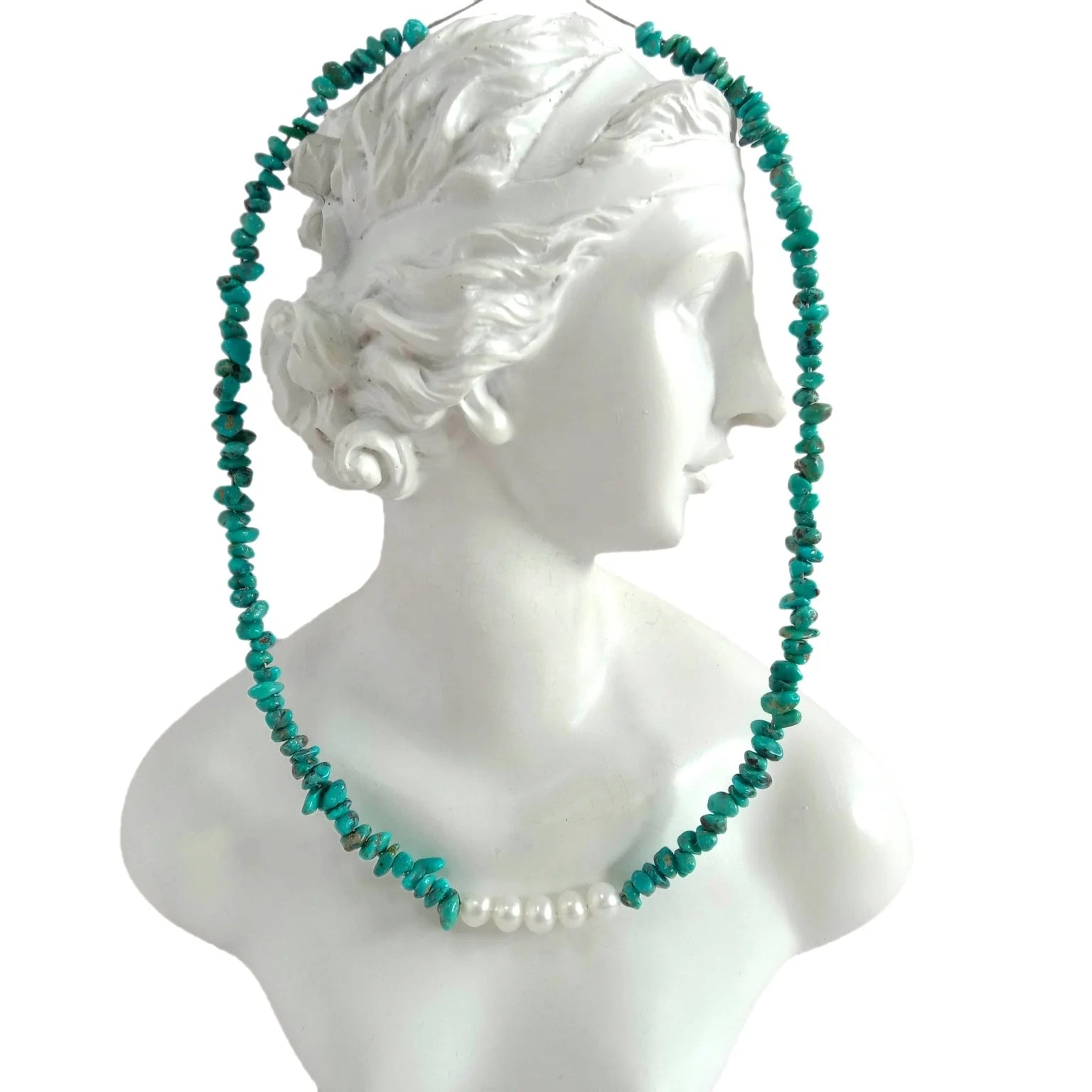 Natural Turquoise and 6mm white pearl Bead 16inch necklace