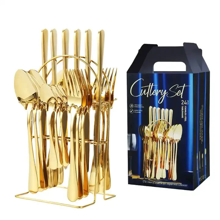 LEHAO 24pcs Luxury Gold Stainless Steel Mirror Polish Eco-friendly Flatware Set Knife Fork Spoon with Stand for Weddings