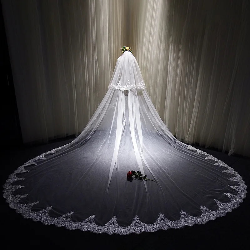 New Bride Embroidered Lace Ultra Long 4 Meters Trailing Large Korean Style Wedding Hall Veil Headdress Super Fairy Double-Layer