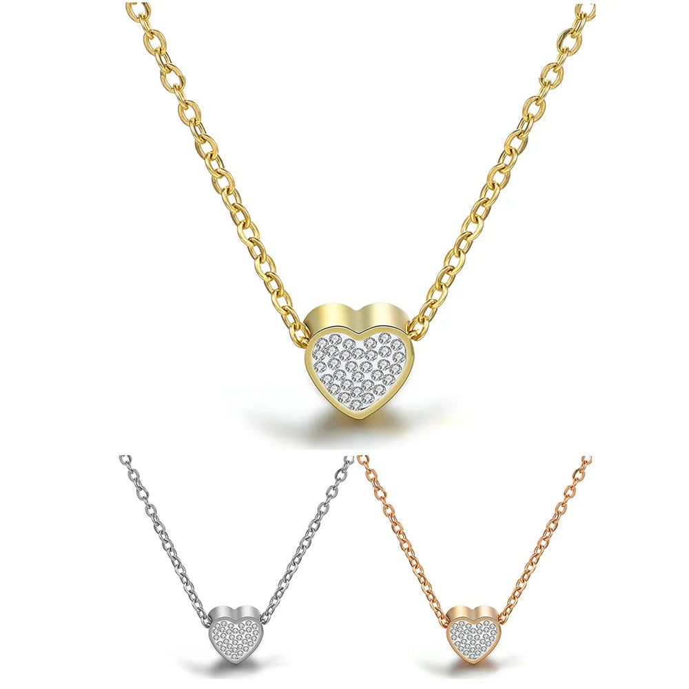 High Fashion Gold Plated Jewelry 18k Gold Filled 304 Stainless Steel Heart Crystal Zircon Pendant Necklace for Women