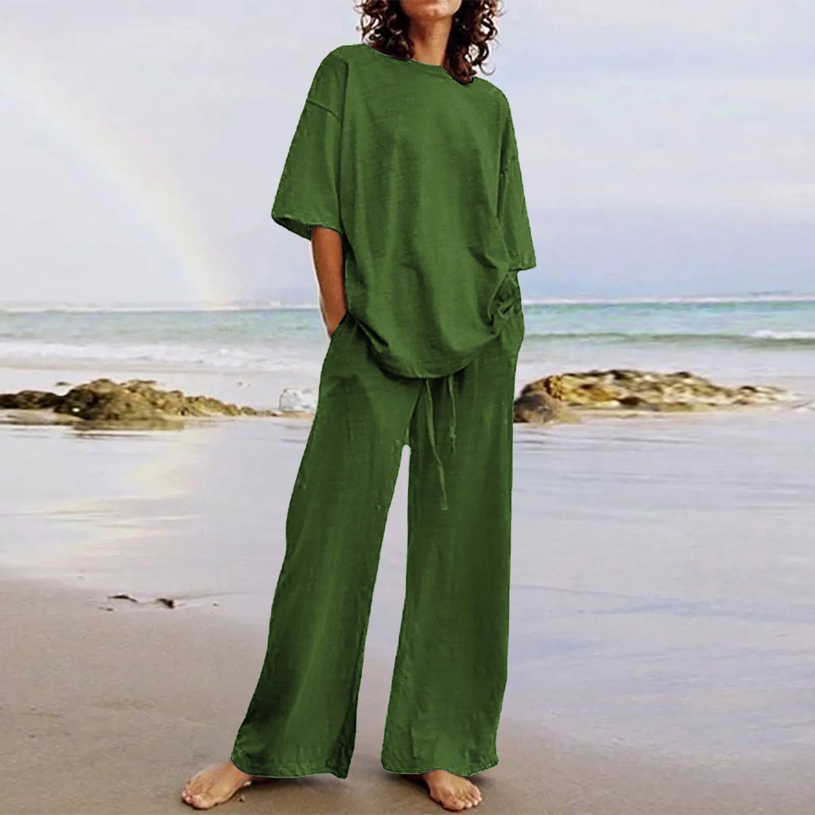 New Fashion Two Piece Women Summer Casual Lace up Set Cotton and Linen Half Sleeve O-Neck Top Wide Leg Pants Set