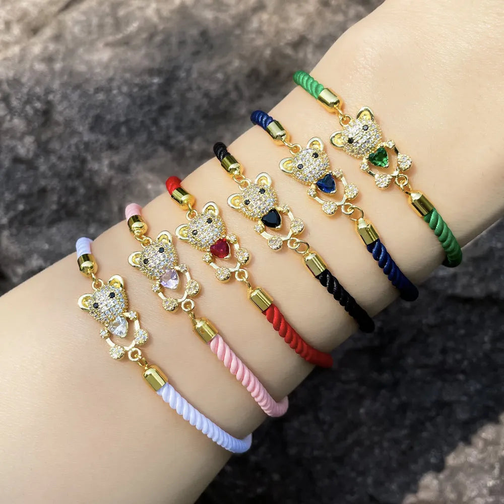Pulsera De Oso Woven Color Rope Love Zircon Bear Bracelet Real Gold Plated Colorful Wax Rope Chain Crystal Bear Bracelet