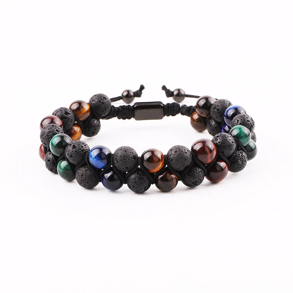 New Design Natural Lava Stone Tiger Eye Double Layer Braided Custom Logo Beads Macrame Bracelet Men JBS12311