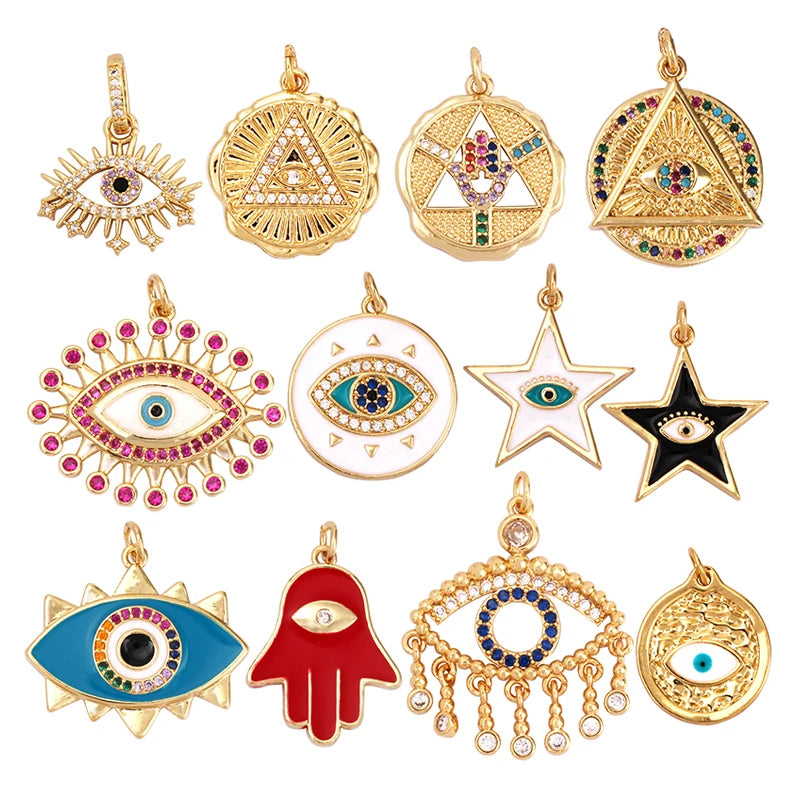 Evil Eye Hamsha Hand Pendant Real Gold Plated Cubic Zirconia CZ Paved ReligoursJewelry Necklace Bracelet Accessories Supply M18