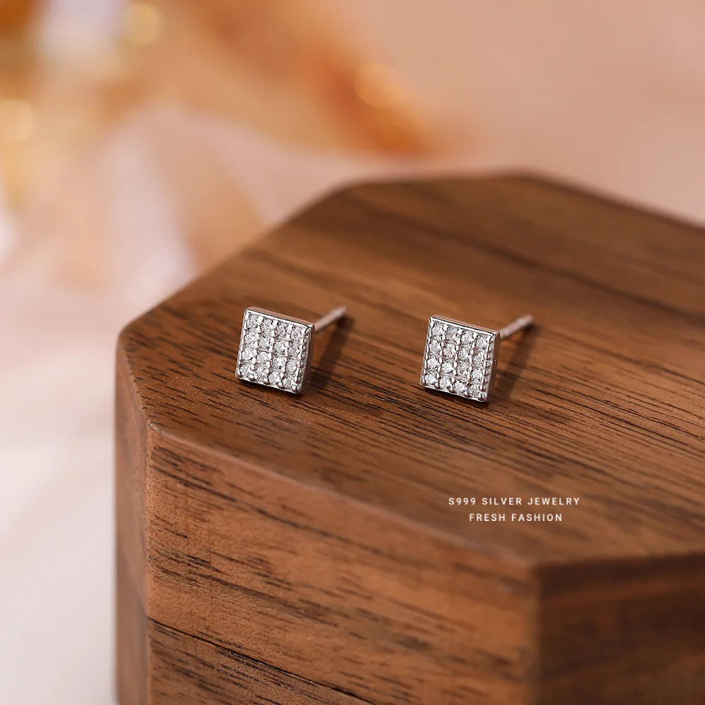 Luxury Simple Fashion S999 Pure 925 Sterling Silver Square CZ Zircon Stud Earrings for Women Girls Jewelry