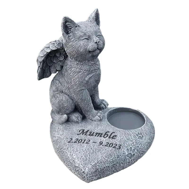 Resin Cat Remembrance Figurine Angel-winged & Heart-shaped Base Hand-painted Garden Decorative Outdoor Memorial