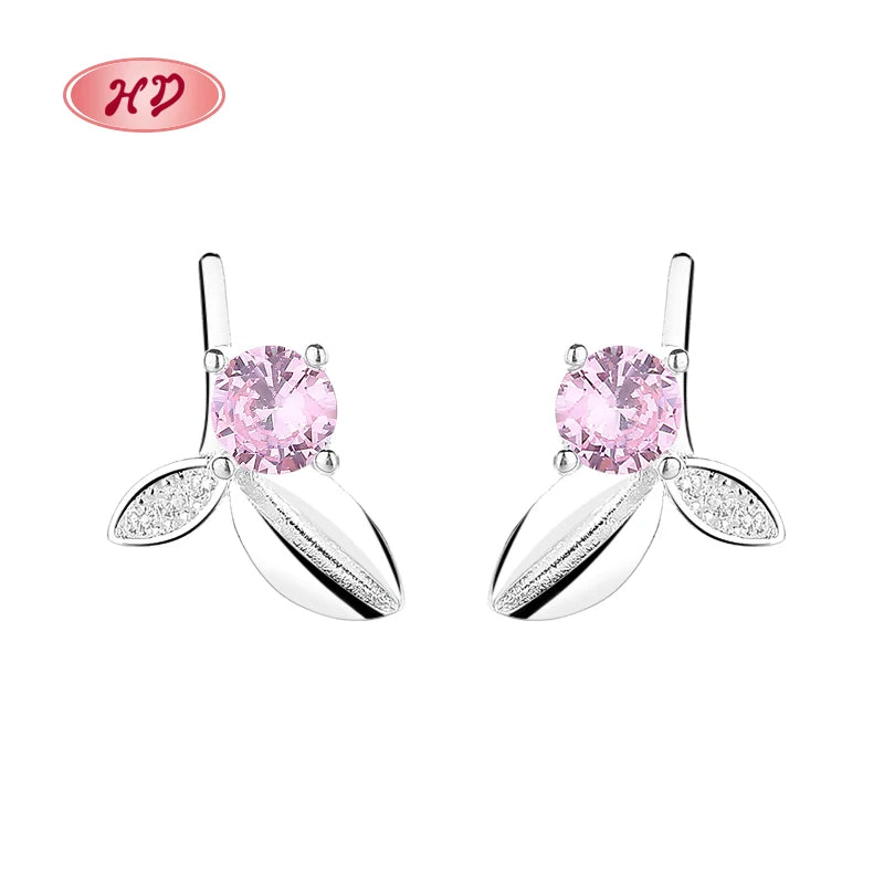 Stylish Colorful Zircon S925 Silver Leaf Stud Earrings Wholesale Silver Earrings 925 Fashion Jewelry for Women