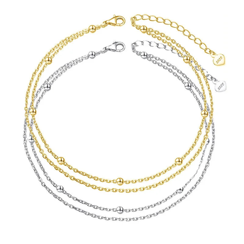 2021 New 925 Sterling Silver Gold Plated Anklets Double Layer Round Beads Chain Foot Anklet for Women