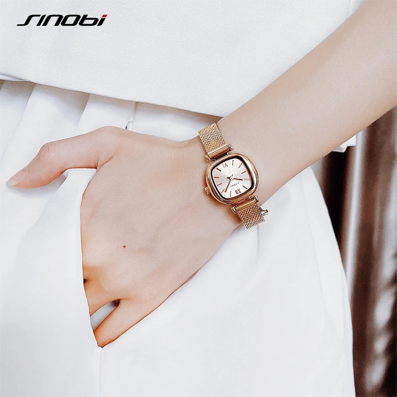 Sinobi Fashion Rectangle Golden Stainless Steel Seiko Movement Women's Quartz Watch Luxury Casual Design