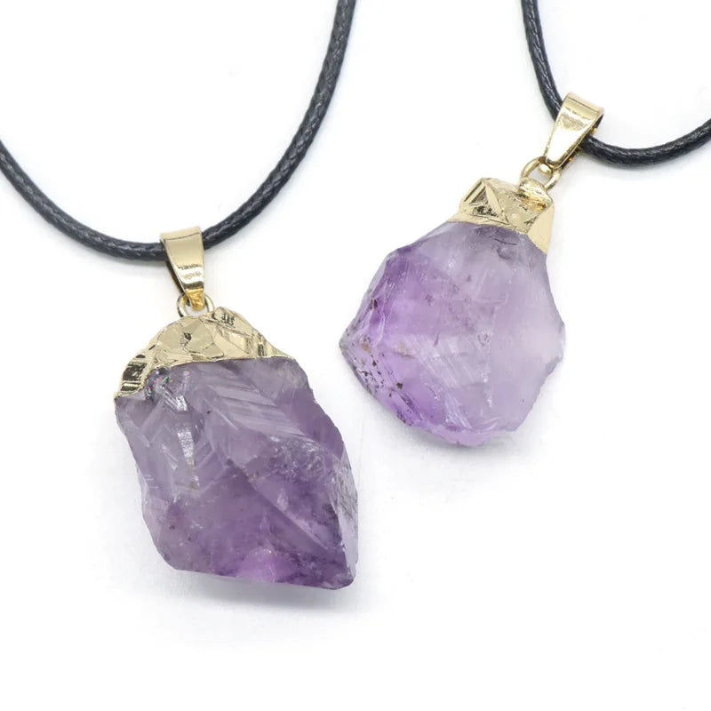 HY Natural Stone AmetDiyst Quartz Gold Color Drop Necklace Pendants Healing Crystals Stones Necklace