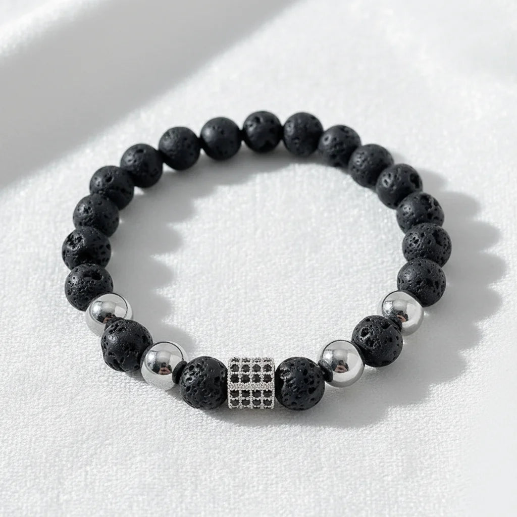 8mm Black Lava Rock Hematite Gemstone Beads Silver Charms Bead Jewelry Personality Stretch Bracelet