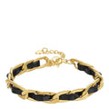 Wholesale Fashion 18K Gold Plated Stainless Steel Jewelry Metal Chain Knit Leather Cord Bracelet B212237