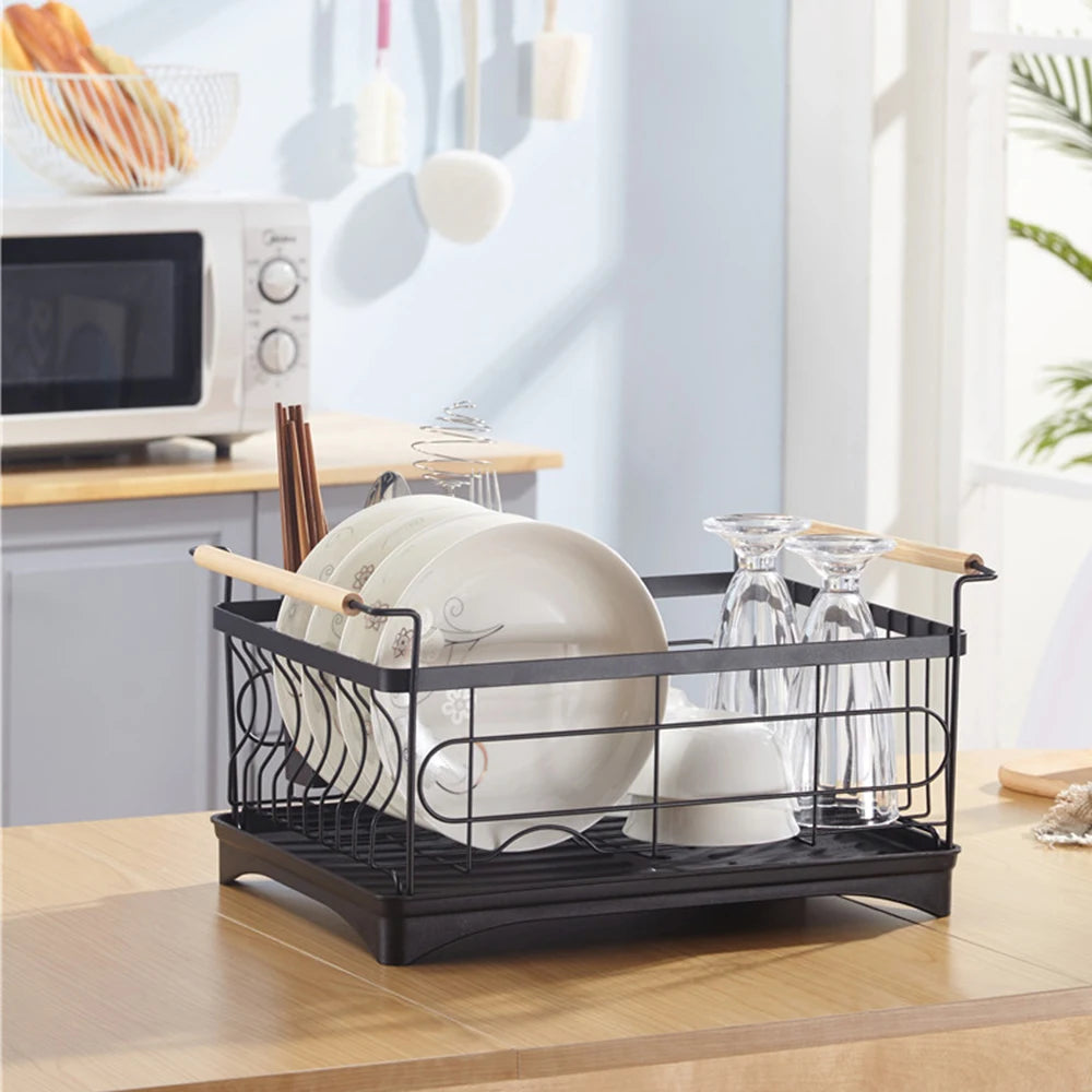 Wood Handles Small Dish Drying Rack for Kitchen Counter Thickened Metal Materials No Assembly Dish Racks