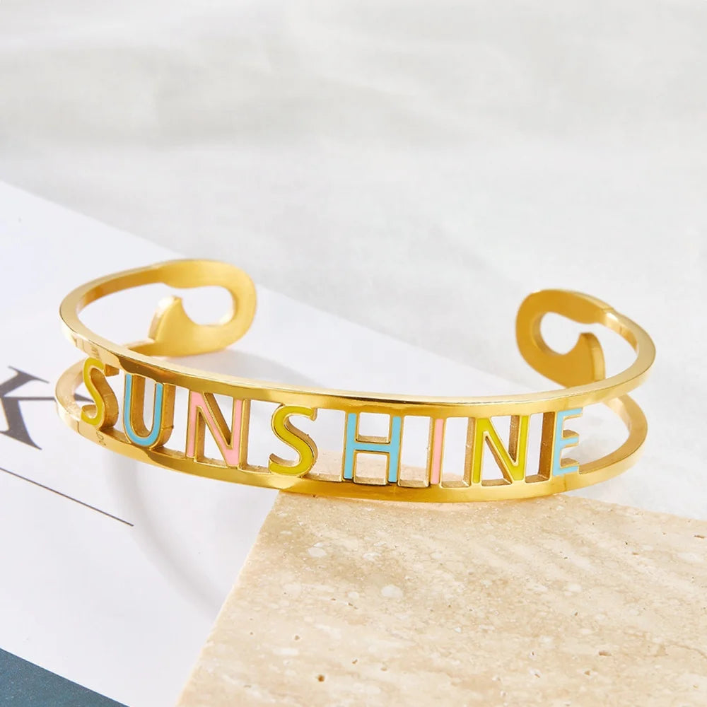 11MM Wide 316 Stainless Steel Bracelet Colorful Hollow Hard Bangles with SUNSHINE Enamel Fashion Jewelry Letter Popular Bangles