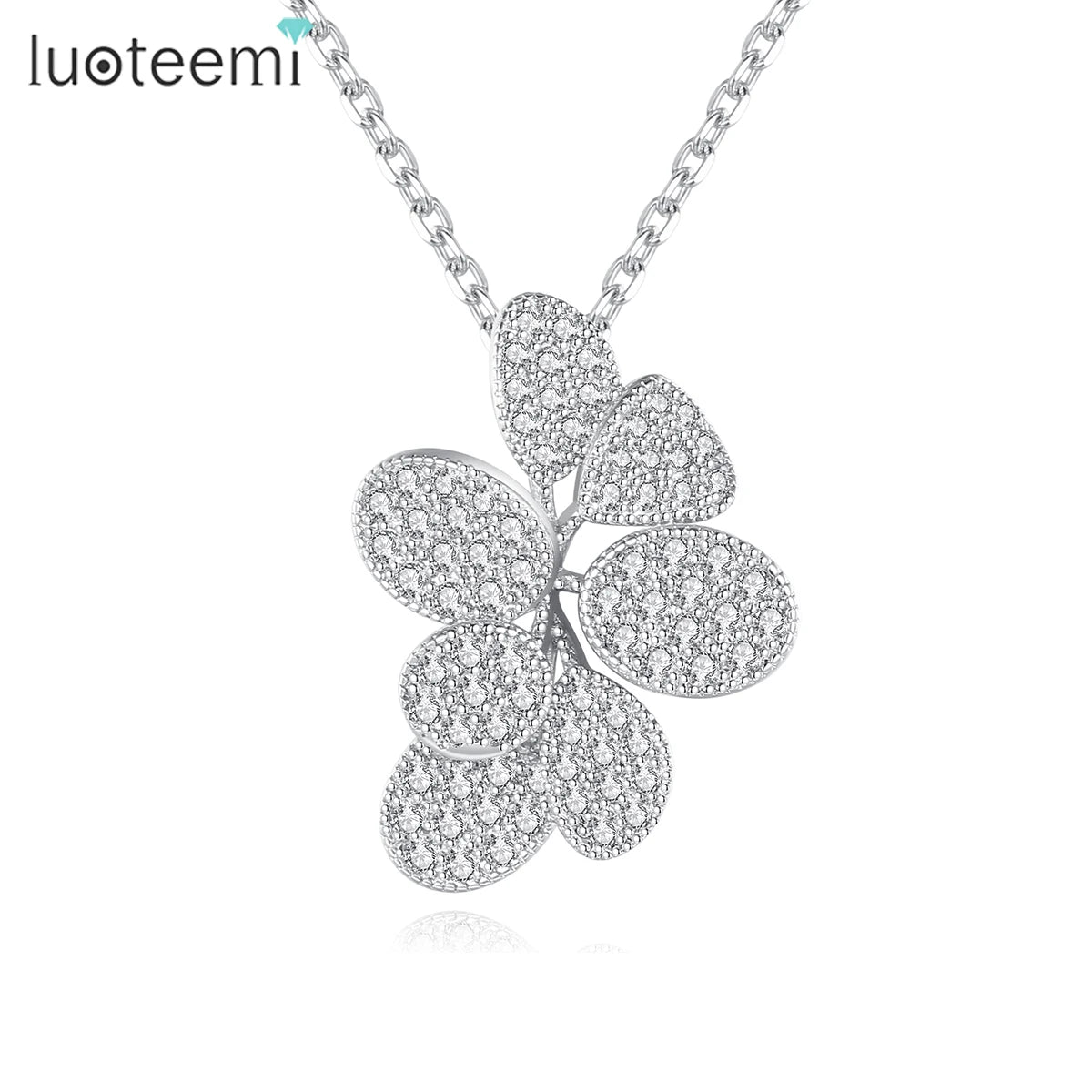 LUOTEEMI Women Wedding Engagement Instance Link Chain Real Rhodium Gold Plated Gorgeous White Flower Necklace