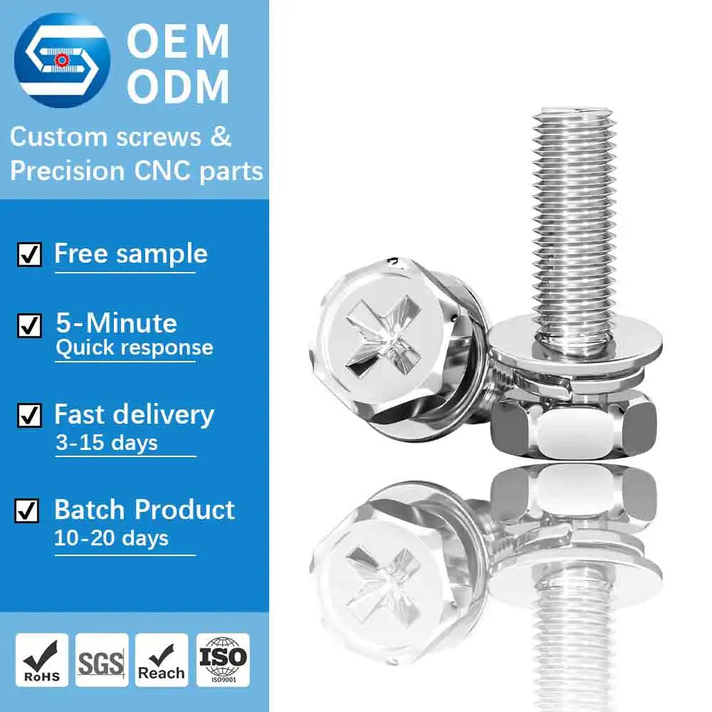 GB9074.13 Stainless Steel SS304 SS316 Hex Head Phillips SEMS Screw with Plain and Spring Washers Combination Assembly Bolts