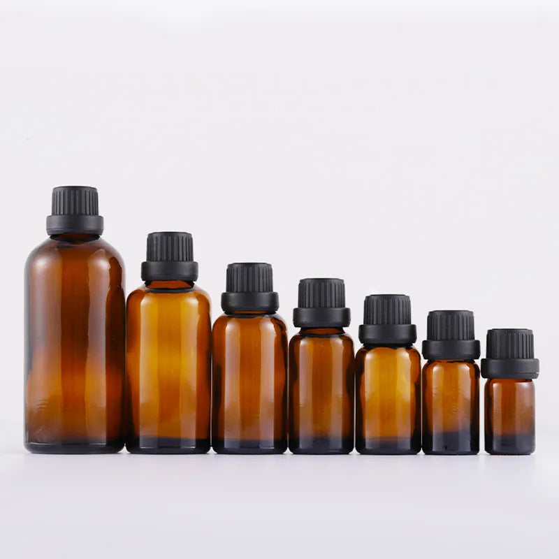 5-100ml Brown Glass Essential Oil Bottle with Plug Screen Printed Surface Screw Neck Design