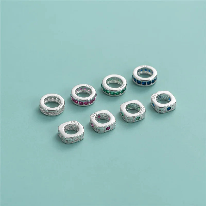 Colourful Zircon Round Charms Beads 925 Sterling Silver Square Spacers Beads for Jewelry Making Accessories