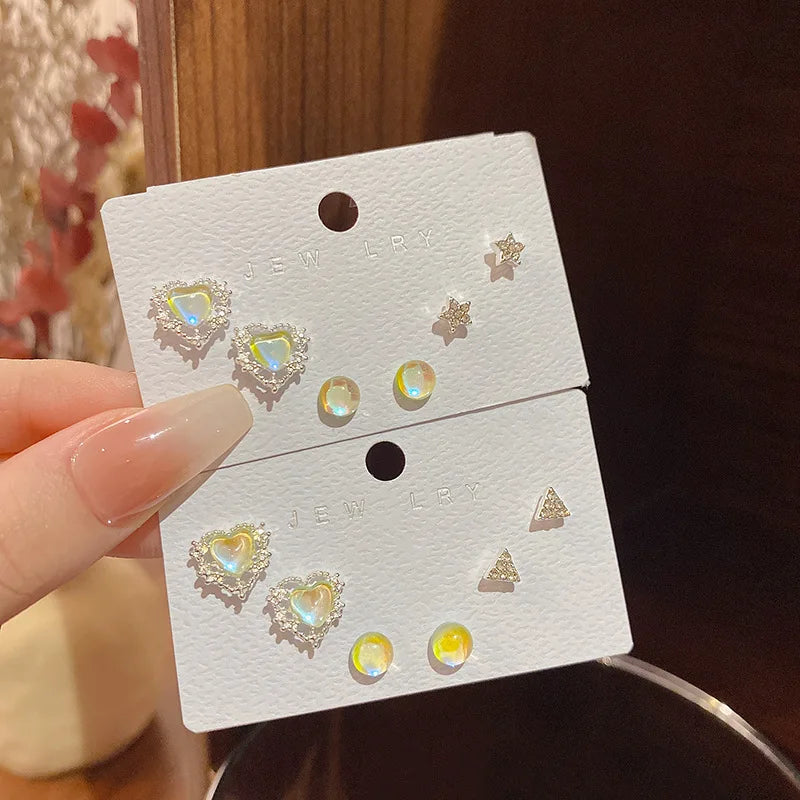 S925 Silver Needle Hypoallergenic Heart Small Stud Earrings Female Cute Opal Heart Star Ear Studs Earring Set