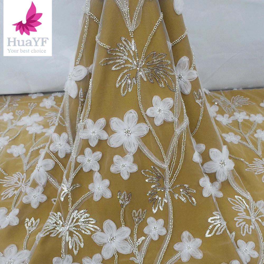 HY2367 3d Coiling Lace Fabric Wholesale Sequin Tulle Wedding Dress Beaded Lace Fabric Embroidery
