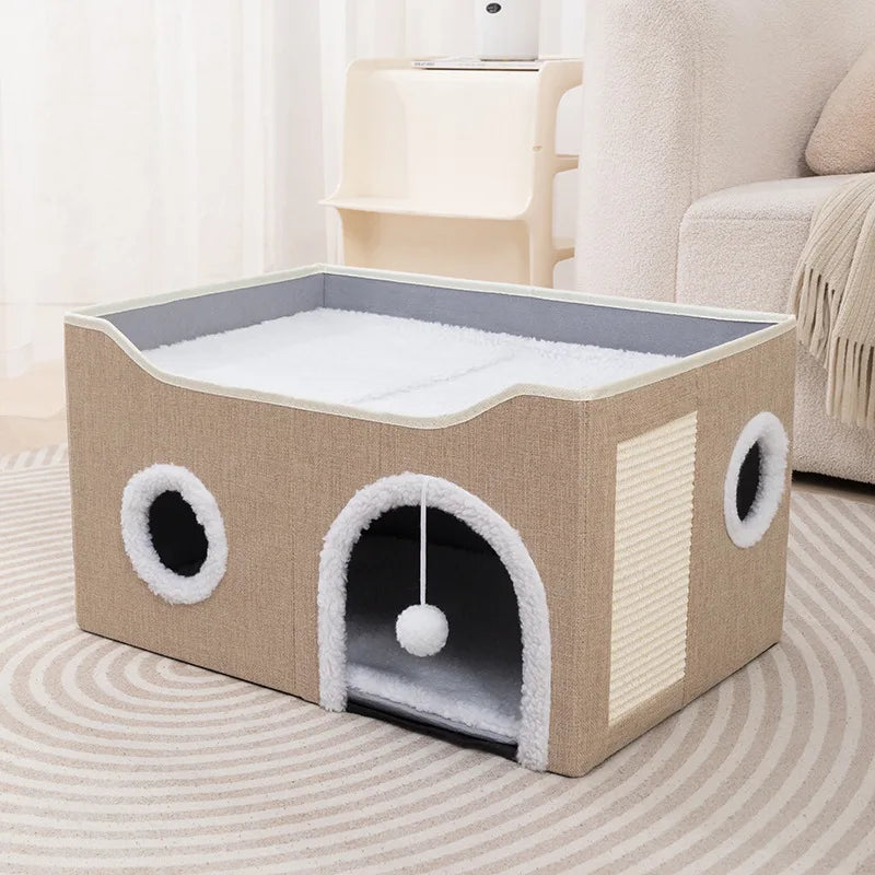 Foldable Cat House Cat Cube Apartment with Cat Scratch Board