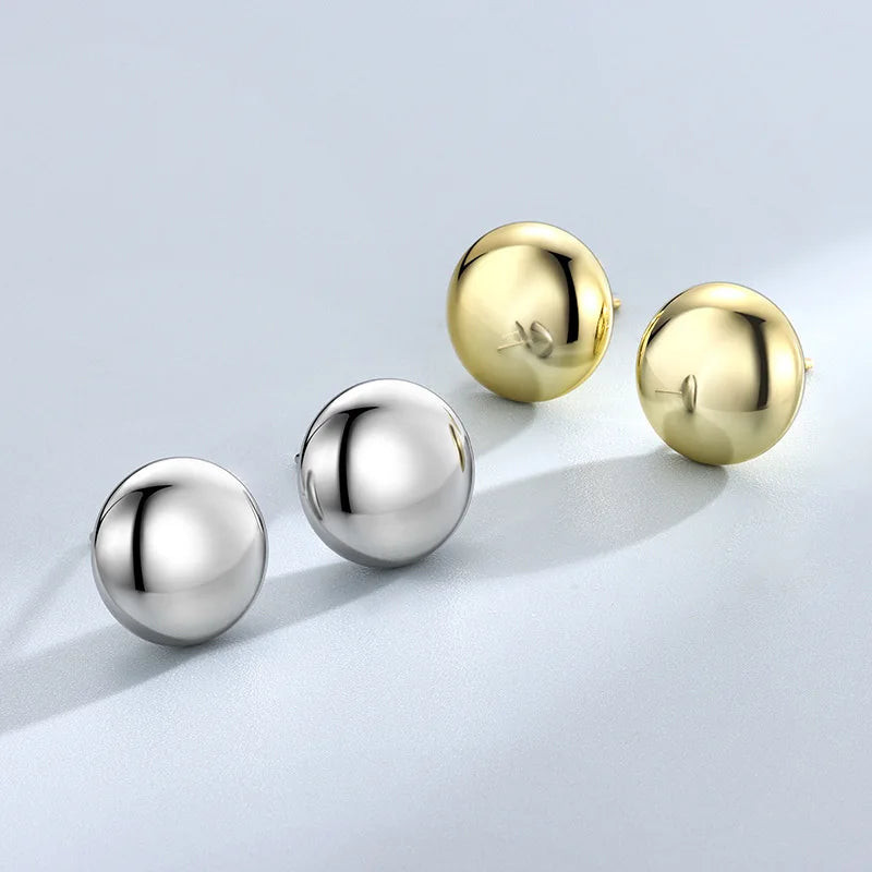 Glossy Saucer Beads Stud Ear Soild 925 Sterling Silver Gold Plated 12mm Round UFO Stud Earrings for Women