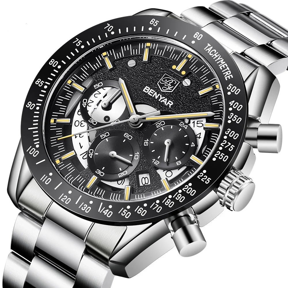 BENYAR Fashion Steel Watch Men Top New Luxury Male Chronograph Clock New Stainless Steel Waterproof Wristwatch 5120