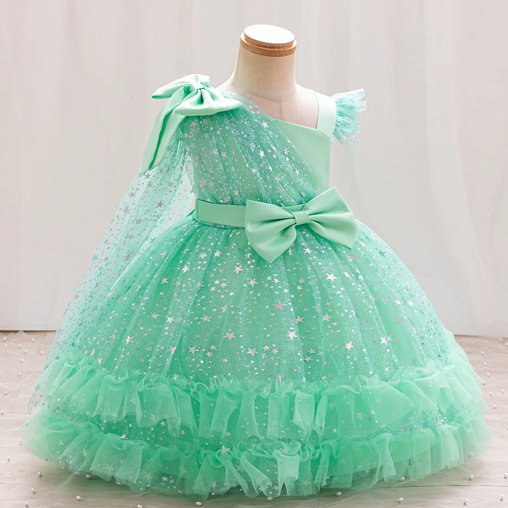 Girl's New Bow Star Print Sweet and Cute Mesh Princess Dress Wedding Flower Boy School Stage Drama Performance Dress