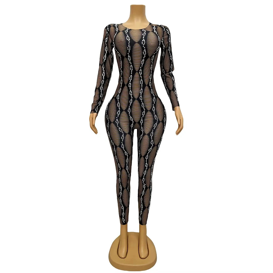 Sexy Long Sleeves Stripe Rhinestone Bodysuits Plus Size Pole Dance Leotard Club Rompers Women Stage Performance Party Jumpsuits