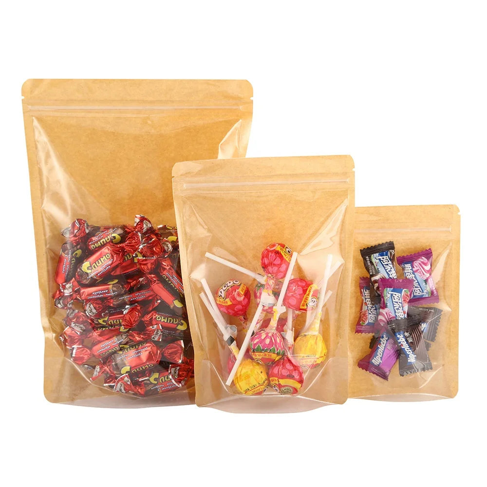 Wholesale Heat-Seal Stand-Up Kraft Paper Mylar Bag Reclosable Food Packaging Pouch for Flowers Sugar Nuts Candy