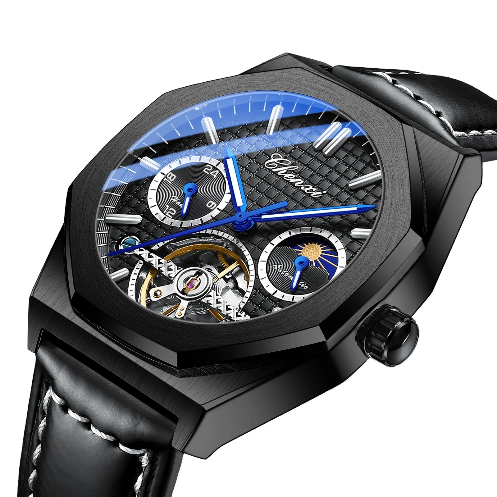 2023 CHENXI 8814 New Men Mechanical Watches Waterproof Leather Top Luxury Automatic Watches Men Skeleton Luminous Wristwatch