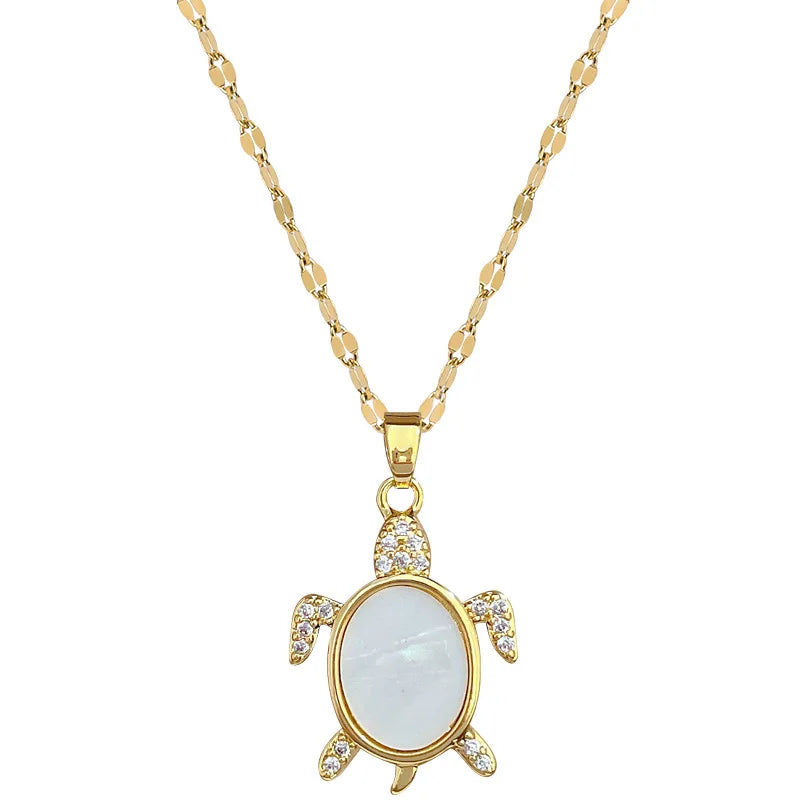 Collar De Acero Inoxidable Stainless Steel Gold Plated Shell Turtle Zircon Sparkling Flower Pendant Necklace Jewelry