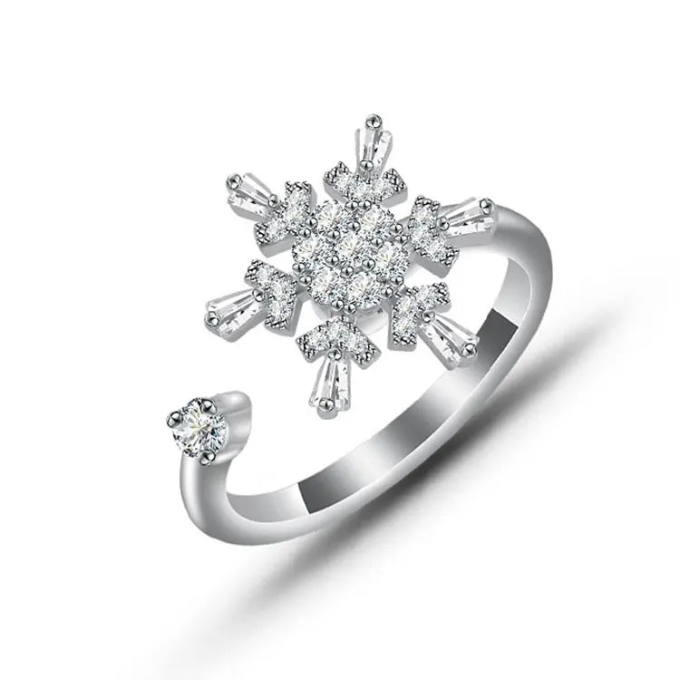 New Silver Spinning Anti Stress Rings Prong Setting Zircon Flower Spinner Ring Tiktok Dainty Snowflakes Fidget Anxiety Ring