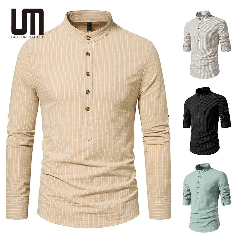 Liu Ming New Product Men's Casual Long Sleeve Business Shirt Stand Collar Striped Plus Size for Autumn Clearance Sales