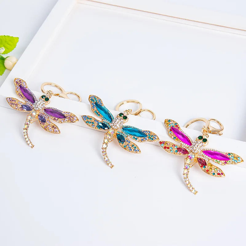 Cute Crystal Insect Dragonfly Car Key Chain Colorful Bling Rhinestone Dragonfly Keychain for Bag
