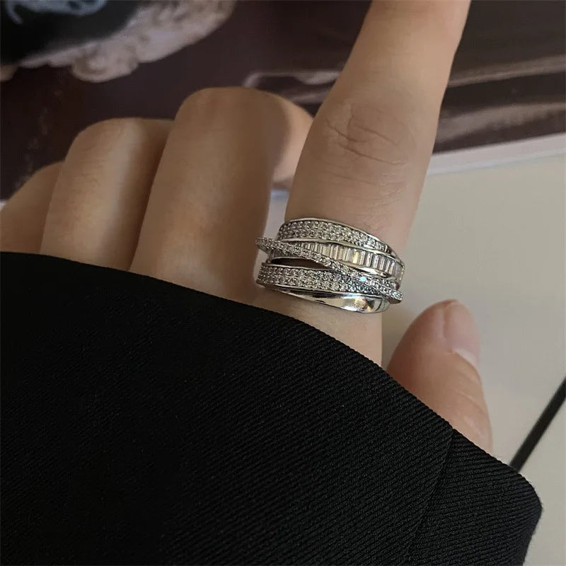 Punk Luxury Retro Personality Exquisite Brass Rings Women Adjustable Silver Square Zircon Multilayer Open Ring